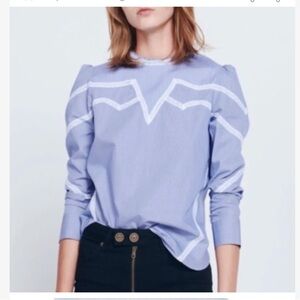 SANDRO SUZAN LACE-INSET COTTON TOP IN BLUE